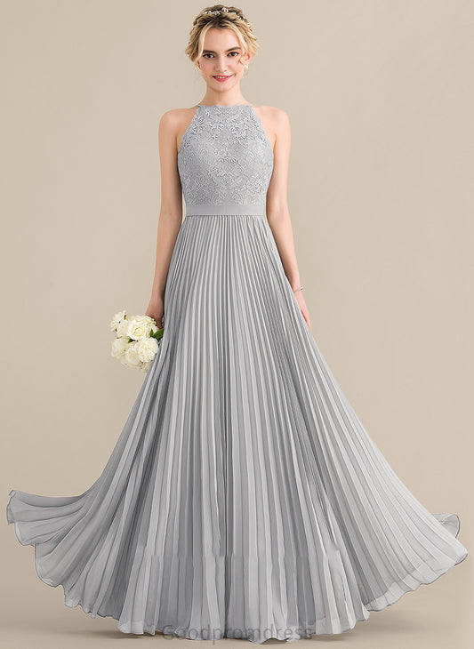 Floor-Length Prom Dresses With Chiffon Lace A-Line Neck Iliana Scoop Pleated