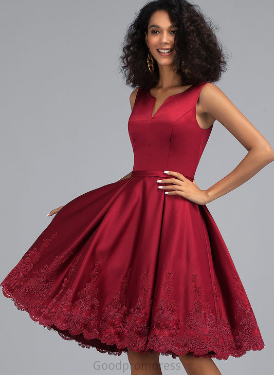 Lace Knee-Length Satin V-neck Homecoming Dresses Dress Appliques Mckinley With A-Line Homecoming