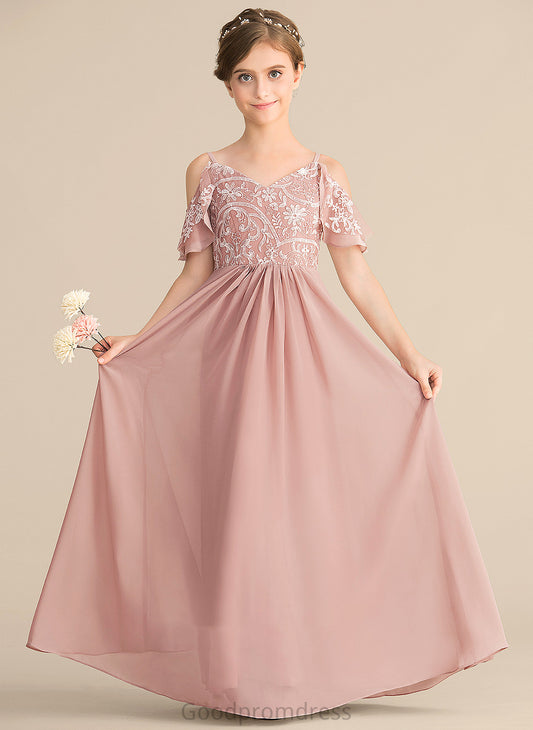 V-neck A-Line Chiffon Sophie Junior Bridesmaid Dresses Lace Floor-Length