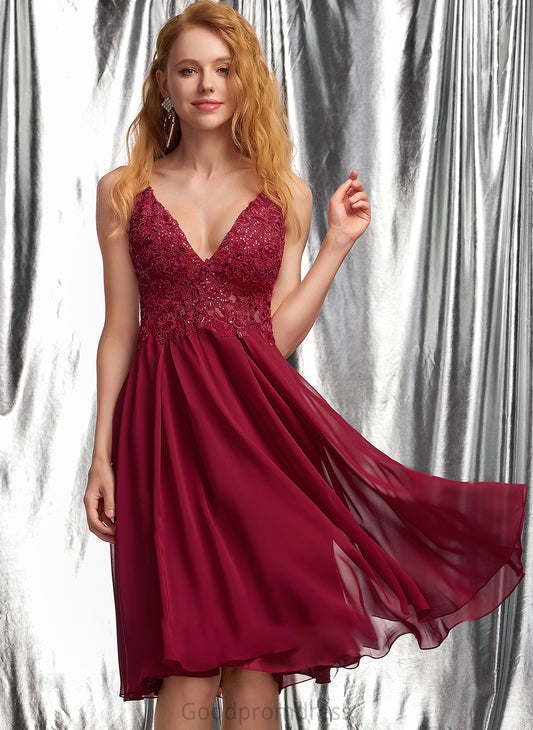 Jewel Sequins With Prom Dresses Chiffon V-neck Knee-Length A-Line