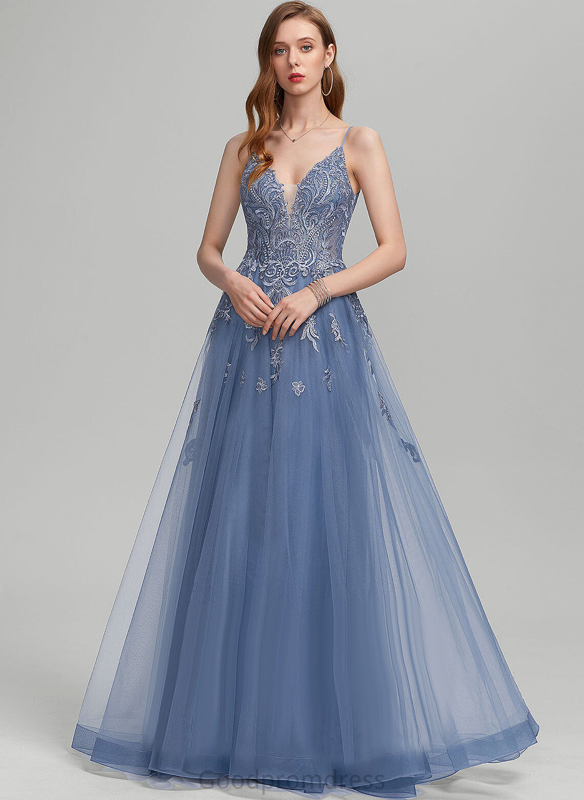 A-Line Prom Dresses Tulle With Adrienne Sequins V-neck Floor-Length Lace