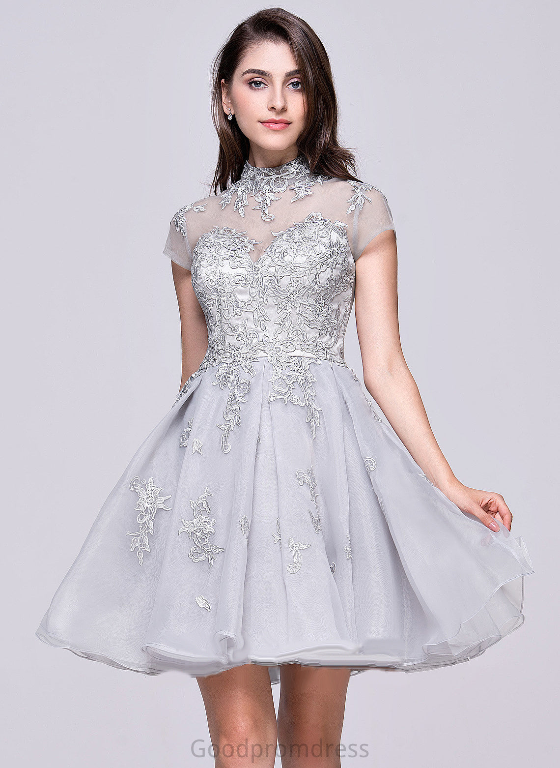 With High Kim Organza A-Line Homecoming Dresses Lace Appliques Dress Neck Tulle Lace Homecoming Short/Mini