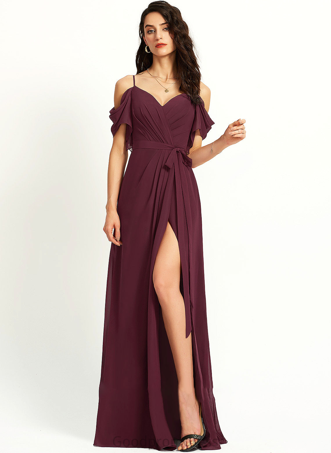 A-Line Front Sophie Prom Dresses V-neck Floor-Length Split With Ruffle