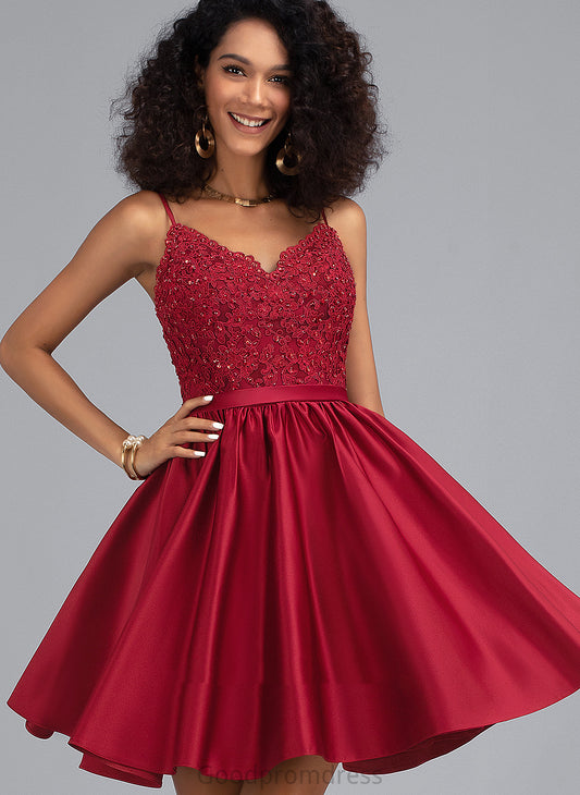 Homecoming Dresses Lace With Beading V-neck Short/Mini Homecoming Dress A-Line Satin Phoenix