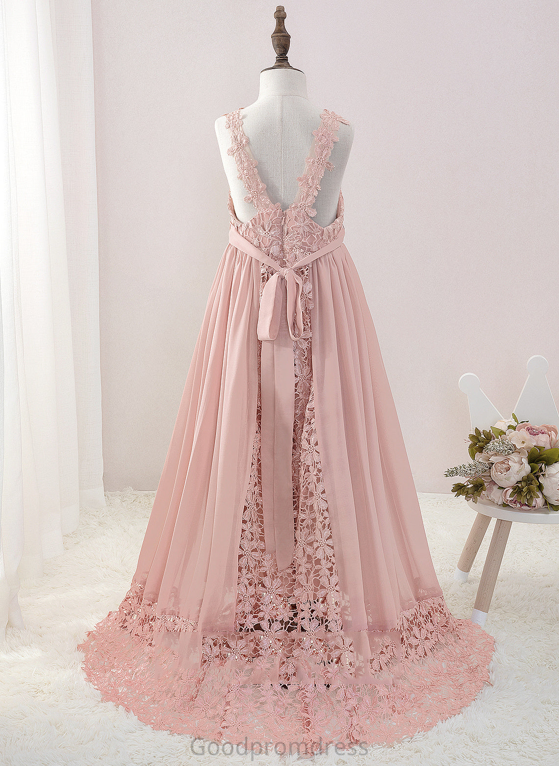 Girl - Dress With Sharon A-Line Beading Flower Girl Dresses Flower Floor-length Chiffon/Lace Sleeveless V-neck