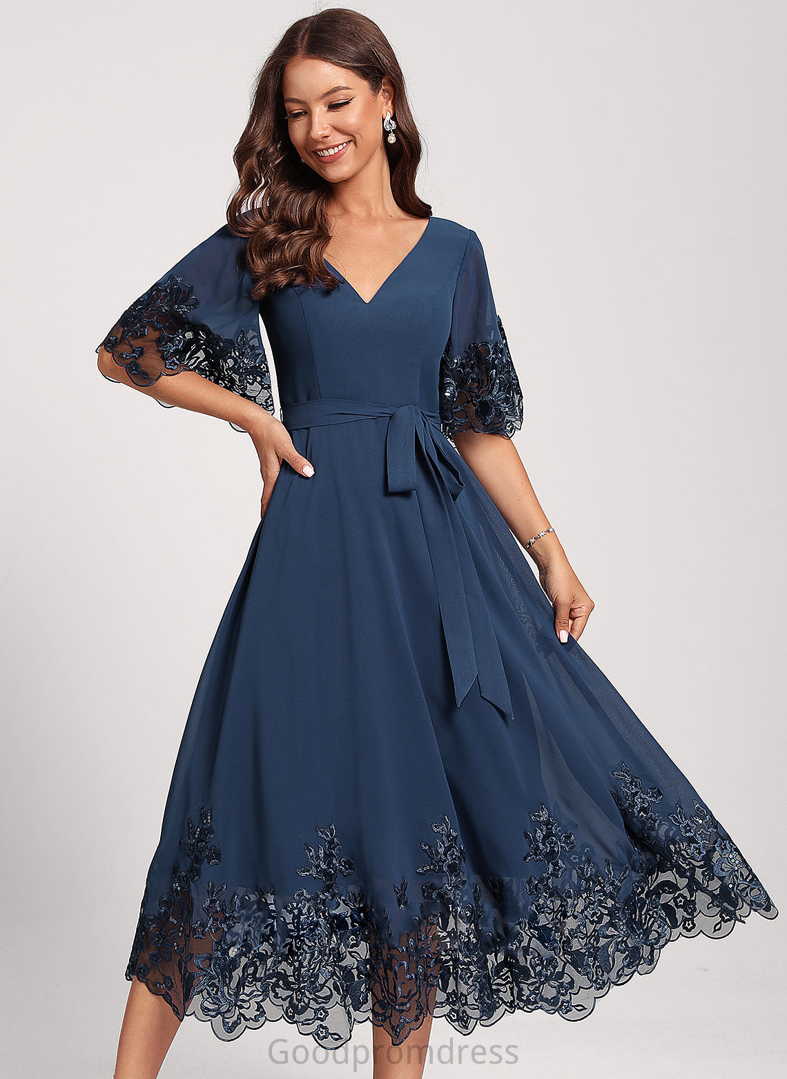 Dress A-Line Chiffon With Cocktail Sequins Tea-Length Lace Club Dresses V-neck Greta