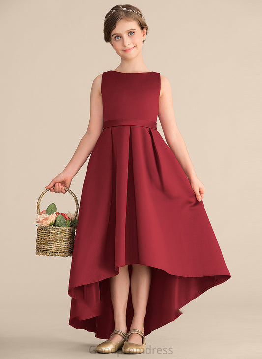 Asymmetrical Satin Scoop Neck Junior Bridesmaid Dresses A-Line Pockets Caitlin Ruffle With