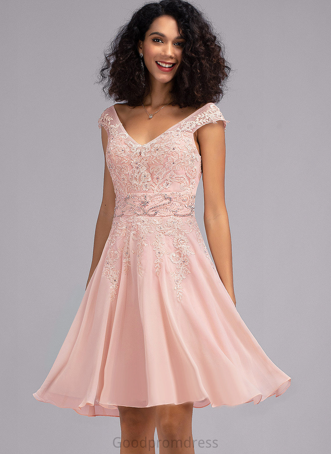 With Homecoming Dress V-neck Lace Knee-Length Chiffon Jaslyn A-Line Homecoming Dresses Beading