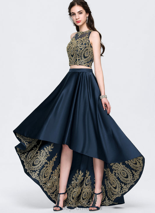 Beading Neck Stella Asymmetrical A-Line Scoop Lace Prom Dresses With Satin Sequins