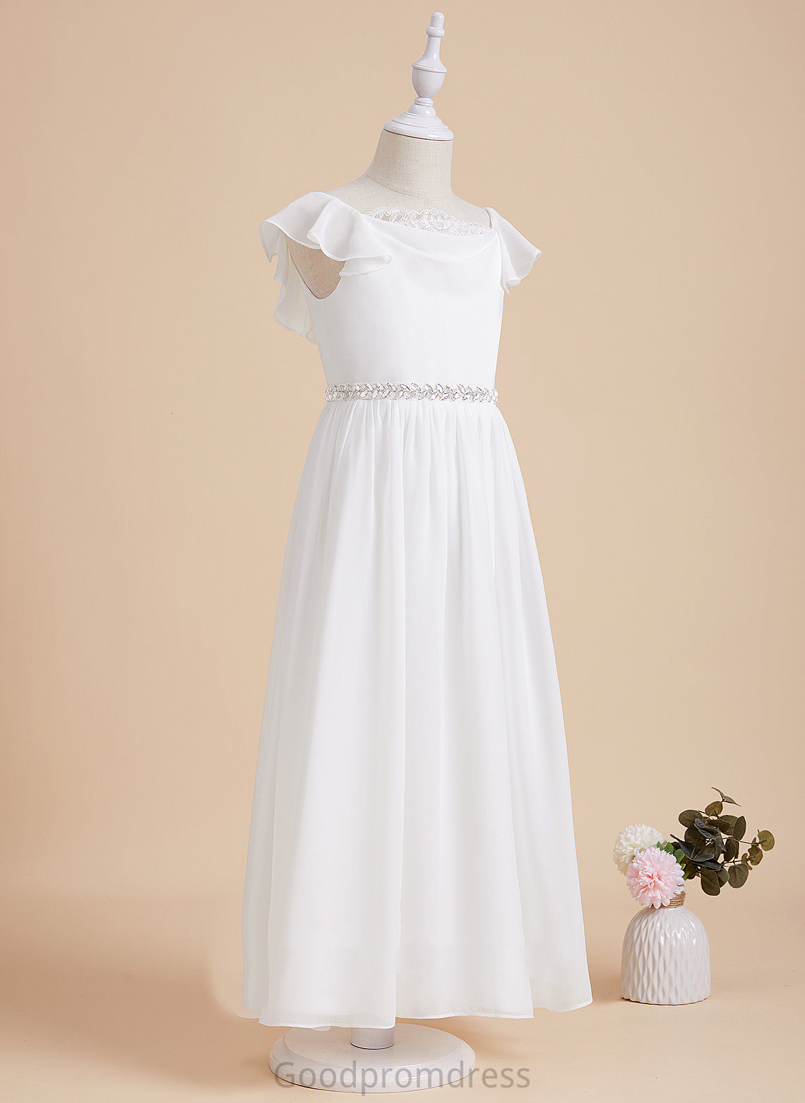 Neck Scoop Beading A-Line Flower Girl Dresses - Girl Ankle-length Flower Ansley Short With Chiffon/Lace Dress Sleeves