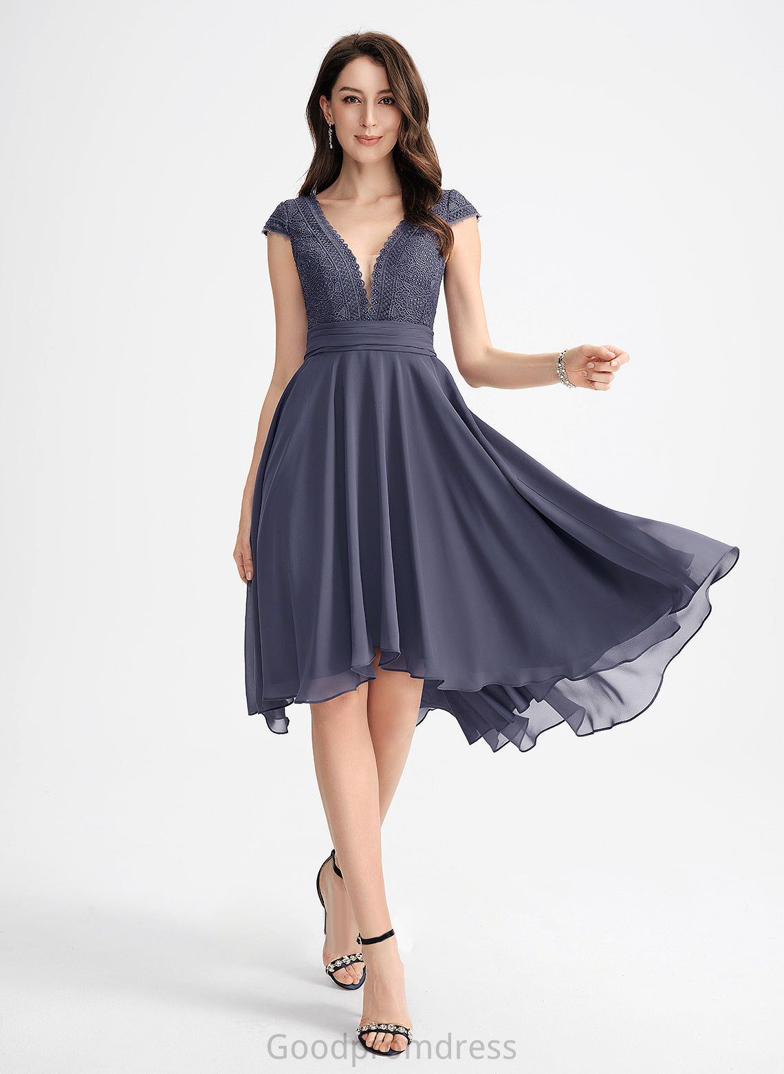 Lace With Alexis Pleated Cocktail Dresses V-neck A-Line Dress Chiffon Asymmetrical Cocktail