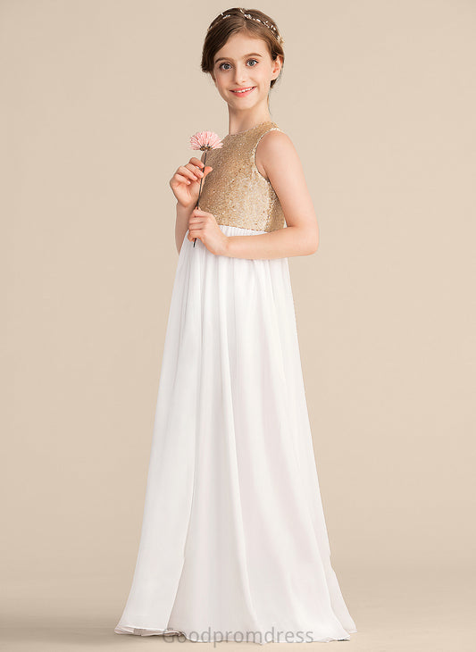 Junior Bridesmaid Dresses A-Line Mikayla Chiffon Floor-Length Neck Scoop Sequined