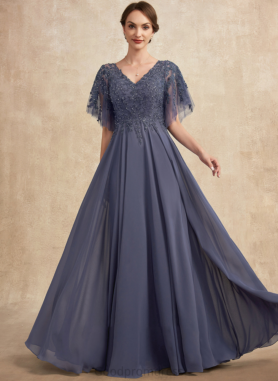 the Dress Mother of Floor-Length Lace A-Line Bride V-neck Sequins With Beading Chiffon Mother of the Bride Dresses Ann