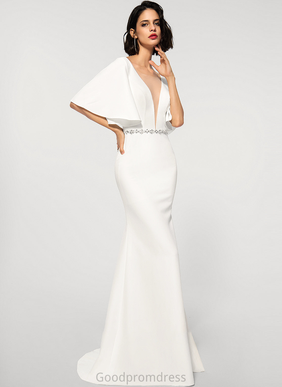 Charlie Wedding Beading Stretch Sweep Crepe Wedding Dresses Trumpet/Mermaid Dress With Train V-neck