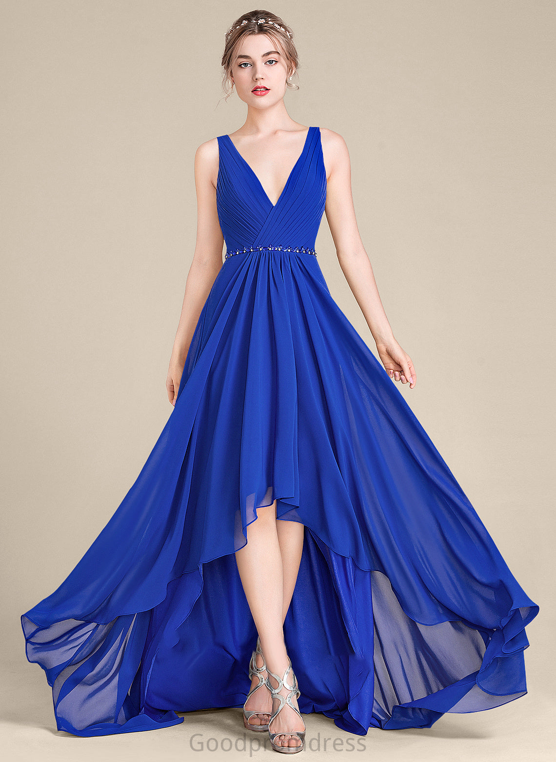 A-Line Ruffle Beading Prom Dresses Sequins Hailie Chiffon With V-neck Asymmetrical