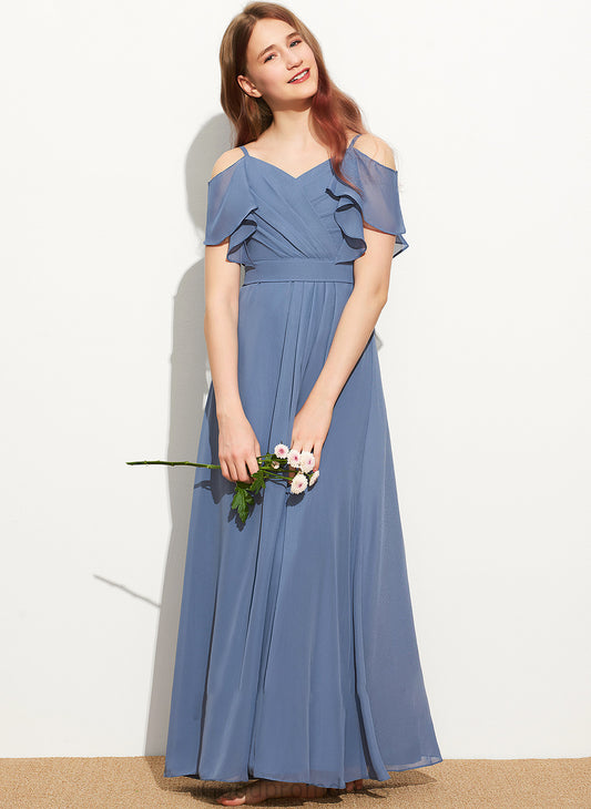 Bow(s) Ruffle Off-the-Shoulder Floor-Length Junior Bridesmaid Dresses A-Line Chiffon With Mia