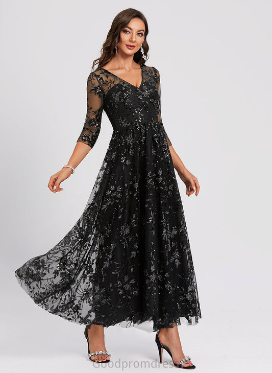 Lace Cocktail A-Line Sequined Ankle-Length Undine V-neck Cocktail Dresses Dress