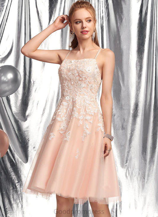 Knee-Length Dress Beading Tulle With Square Regina Homecoming Dresses Neckline Homecoming Lace A-Line