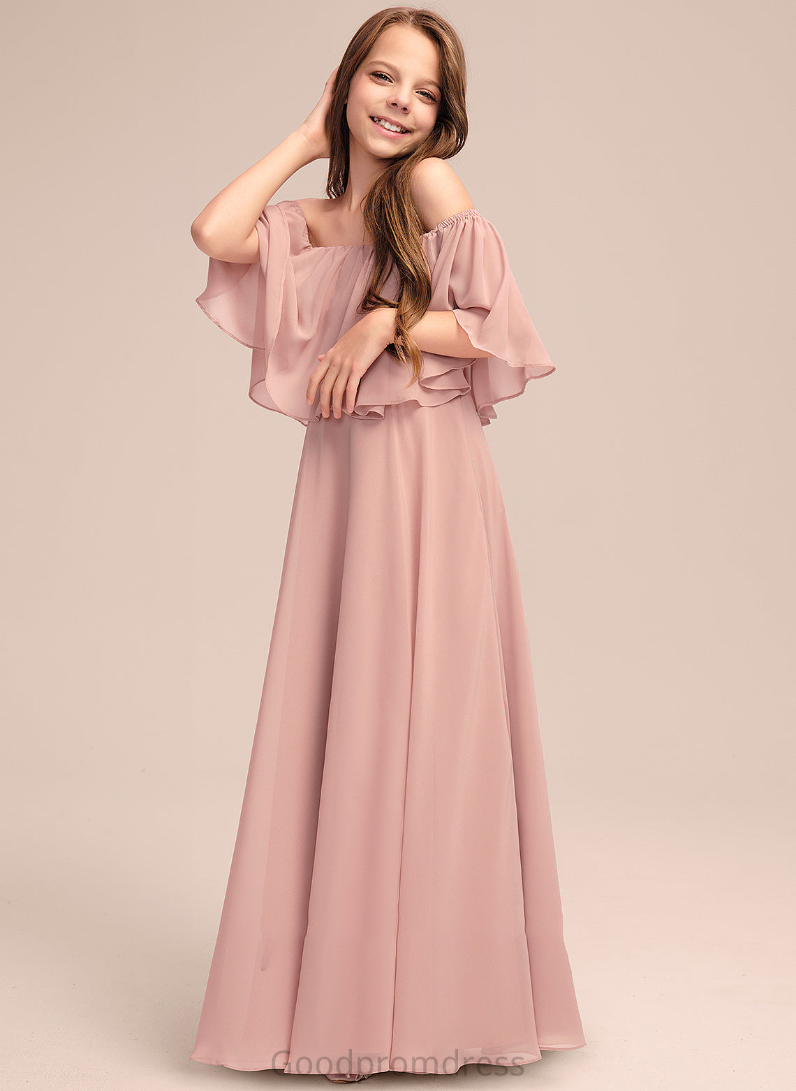 Off-the-Shoulder Chiffon Floor-Length With Junior Bridesmaid Dresses Alexus Ruffle A-Line