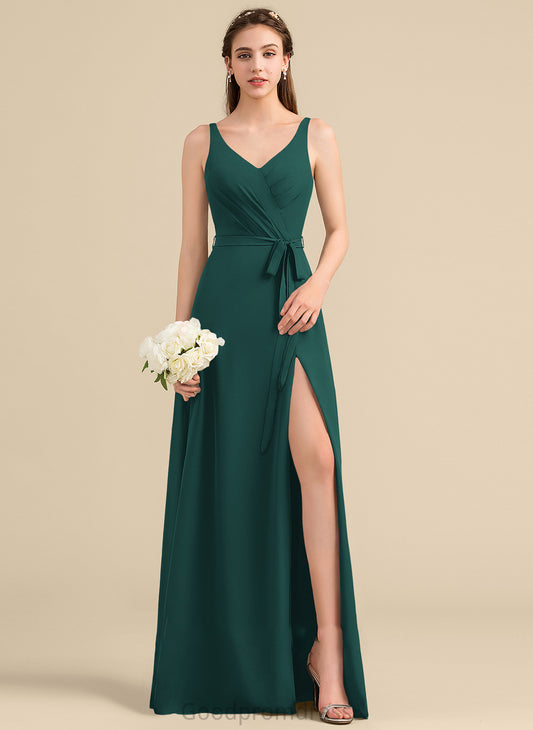 Fabric Bow(s) V-neck Floor-Length A-Line SplitFront Neckline Length Embellishment Silhouette Ruffle Luciana Bridesmaid Dresses