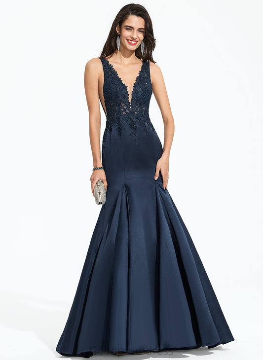 Beading Elliana With Sweep Prom Dresses V-neck Trumpet/Mermaid Lace Satin Train