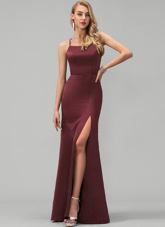 Front With Sheath/Column Satin Floor-Length Prom Dresses Neckline Square Isabel Split