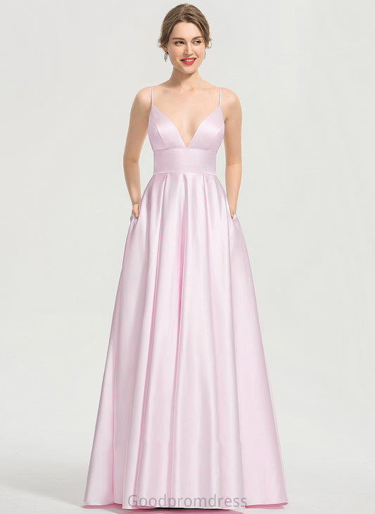 Floor-Length Satin Pockets Kathryn With Prom Dresses A-Line V-neck