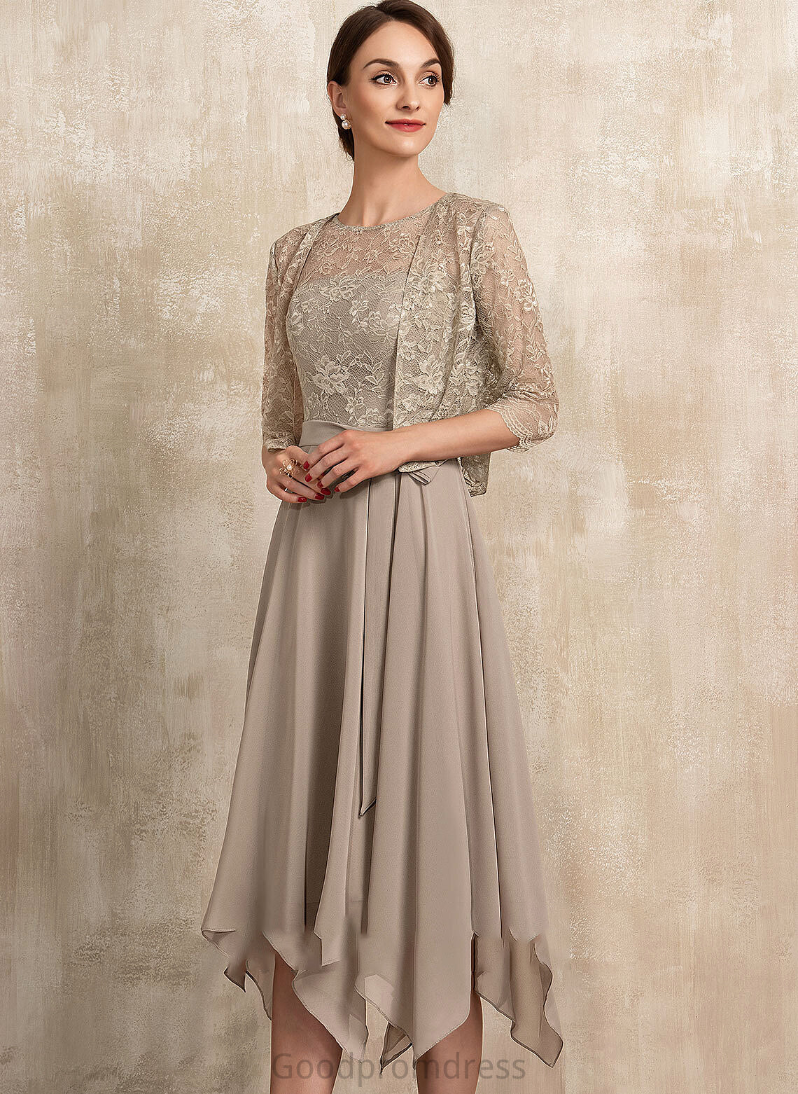 Chiffon A-Line Bride Bow(s) Dress With the Mother of the Bride Dresses Scoop Carolyn Neck Mother Tea-Length of Lace