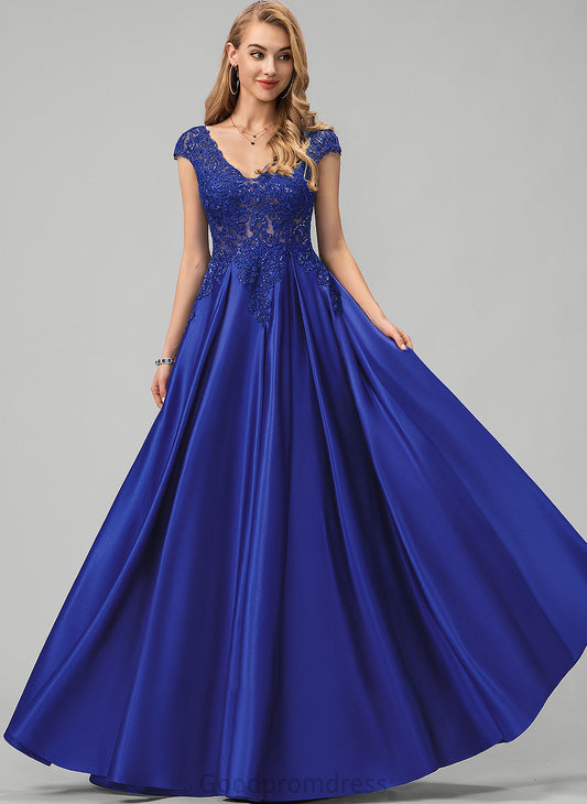 Sequins Lace Maleah Floor-Length Satin Prom Dresses Ball-Gown/Princess With V-neck