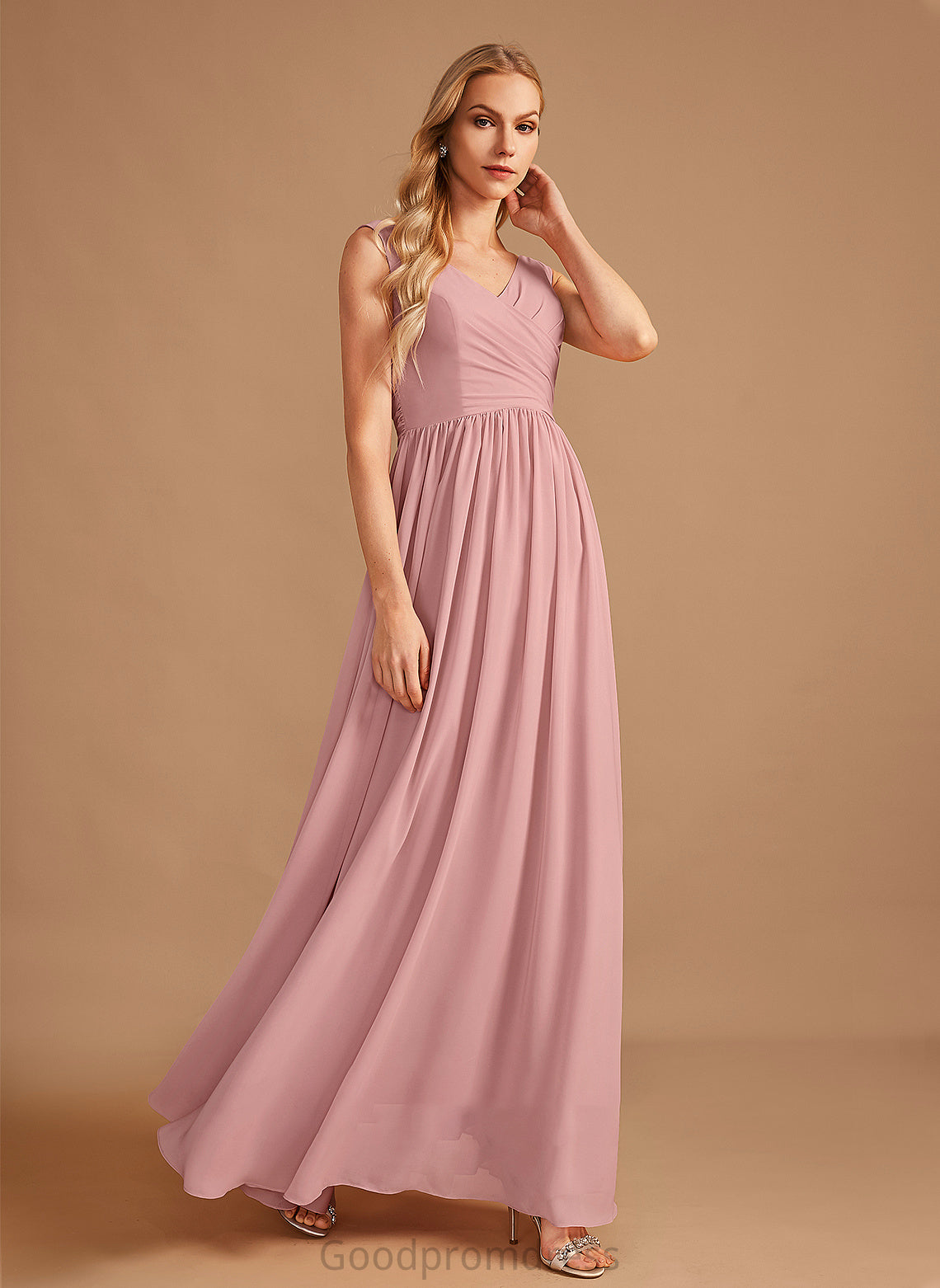 Floor-Length Ruffle Neckline Bow(s) Silhouette A-Line Fabric Length V-neck Embellishment Jordin Sleeveless Bridesmaid Dresses