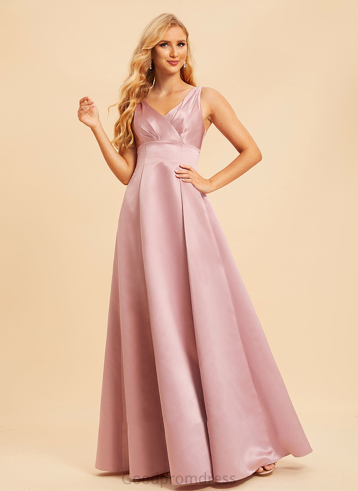 Neckline Length Fabric Satin A-Line Straps Floor-Length Silhouette V-neck Paloma Natural Waist Sleeveless Bridesmaid Dresses