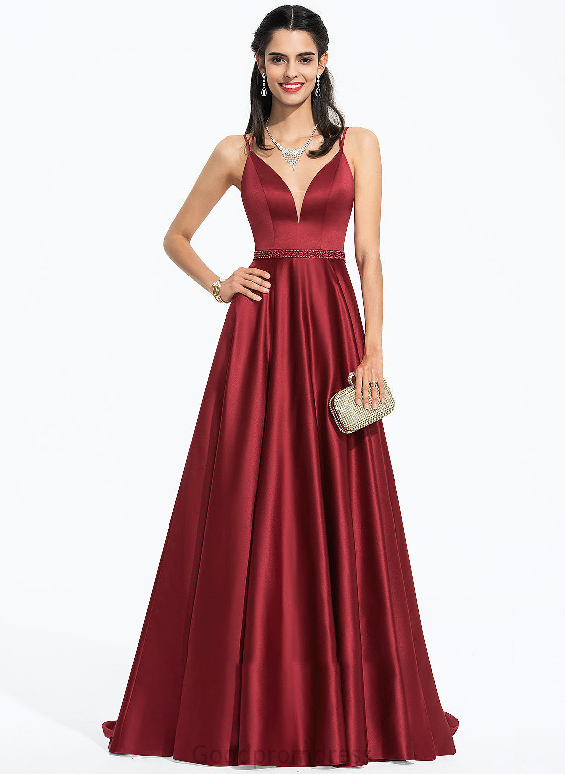 Train Split Front A-Line With Prom Dresses Danika Sweep Satin V-neck Beading Sequins