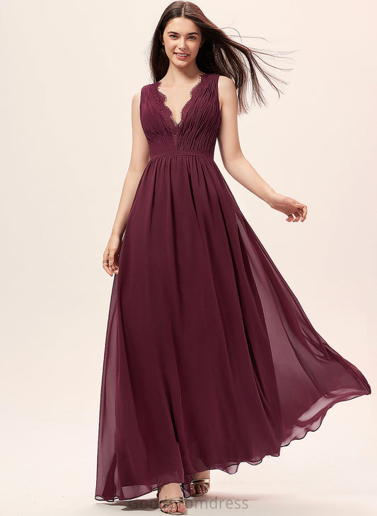 Neckline Embellishment Silhouette Floor-Length Lace Ruffle A-Line V-neck Length Fabric Lillian Sleeveless Bridesmaid Dresses