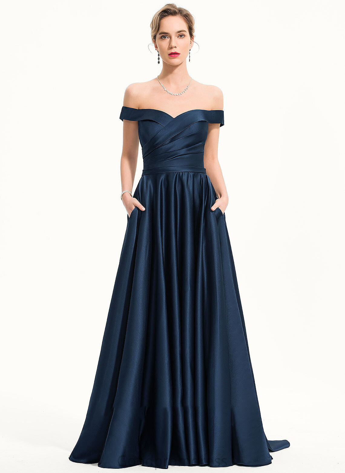 A-Line Prom Dresses With Satin Sweep Train Off-the-Shoulder Pockets Aria