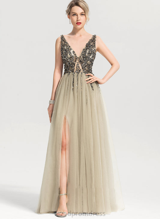 Floor-Length V-neck Prom Dresses A-Line With Xiomara Beading Tulle Front Sequins Split