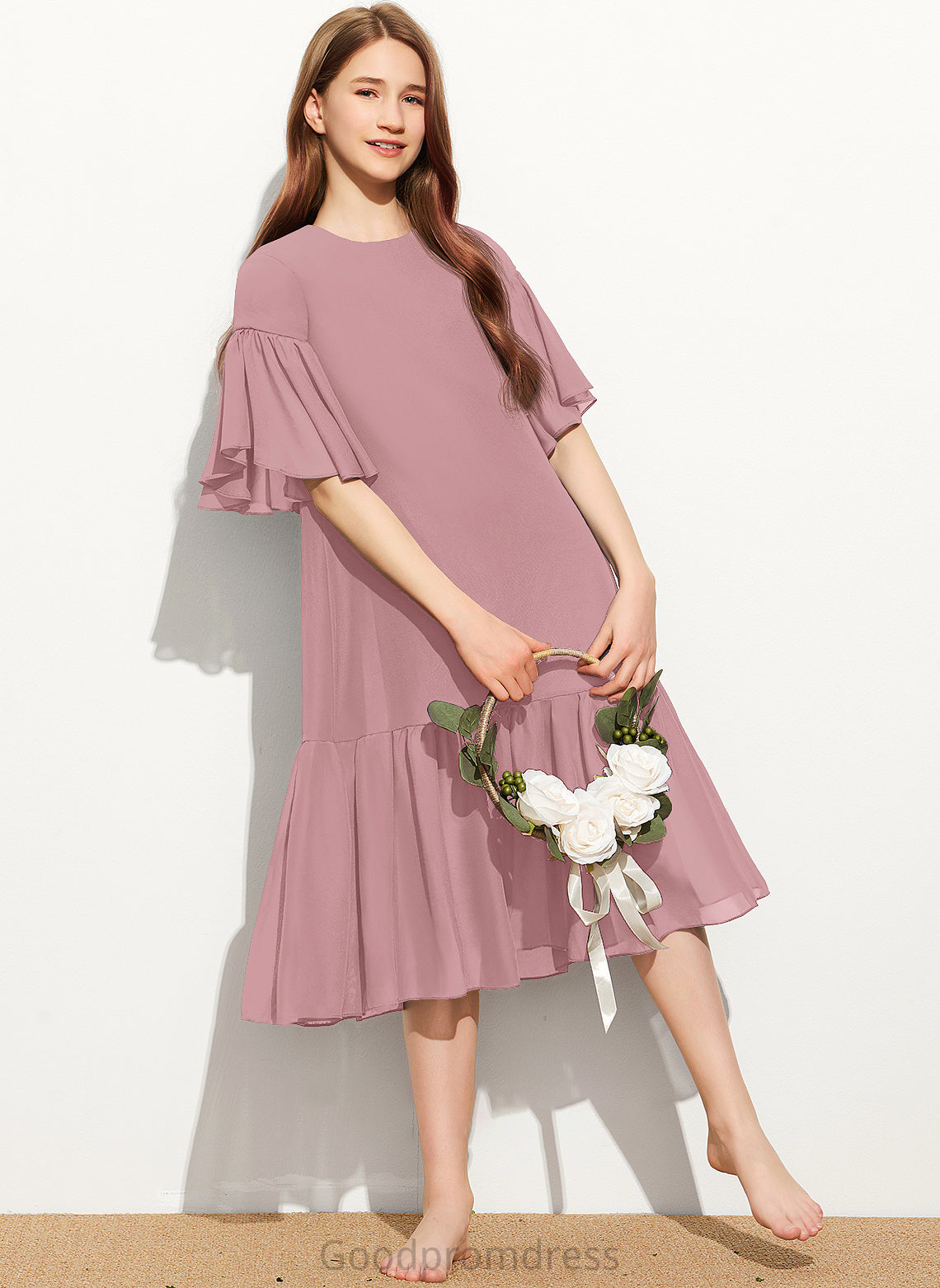 Cascading Scoop With Knee-Length Junior Bridesmaid Dresses Ruffles Liliana A-Line Neck Chiffon