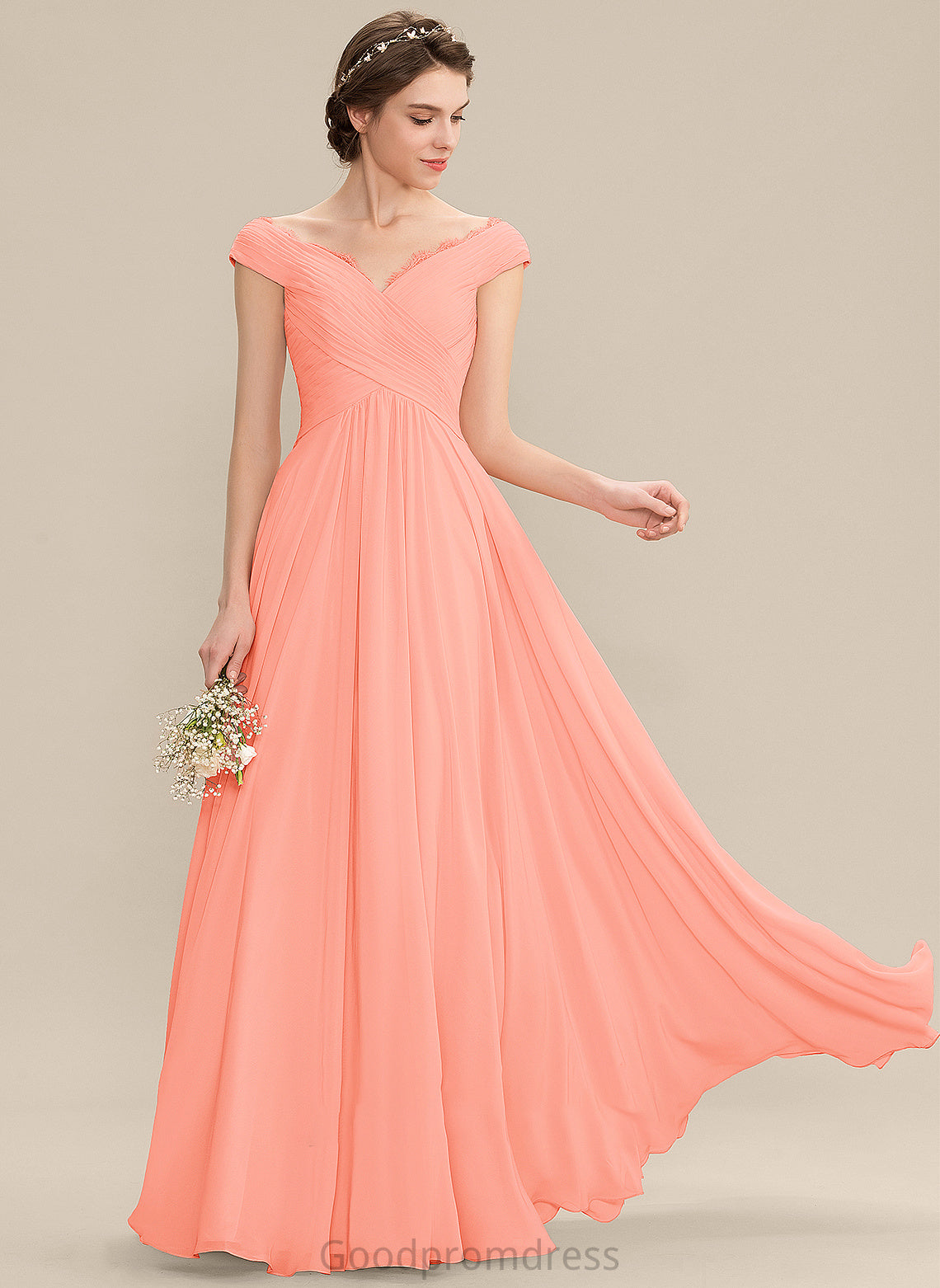 Floor-Length Ruffle Length Fabric A-Line Embellishment Silhouette Neckline Off-the-Shoulder Lace Karissa Floor Length Bridesmaid Dresses