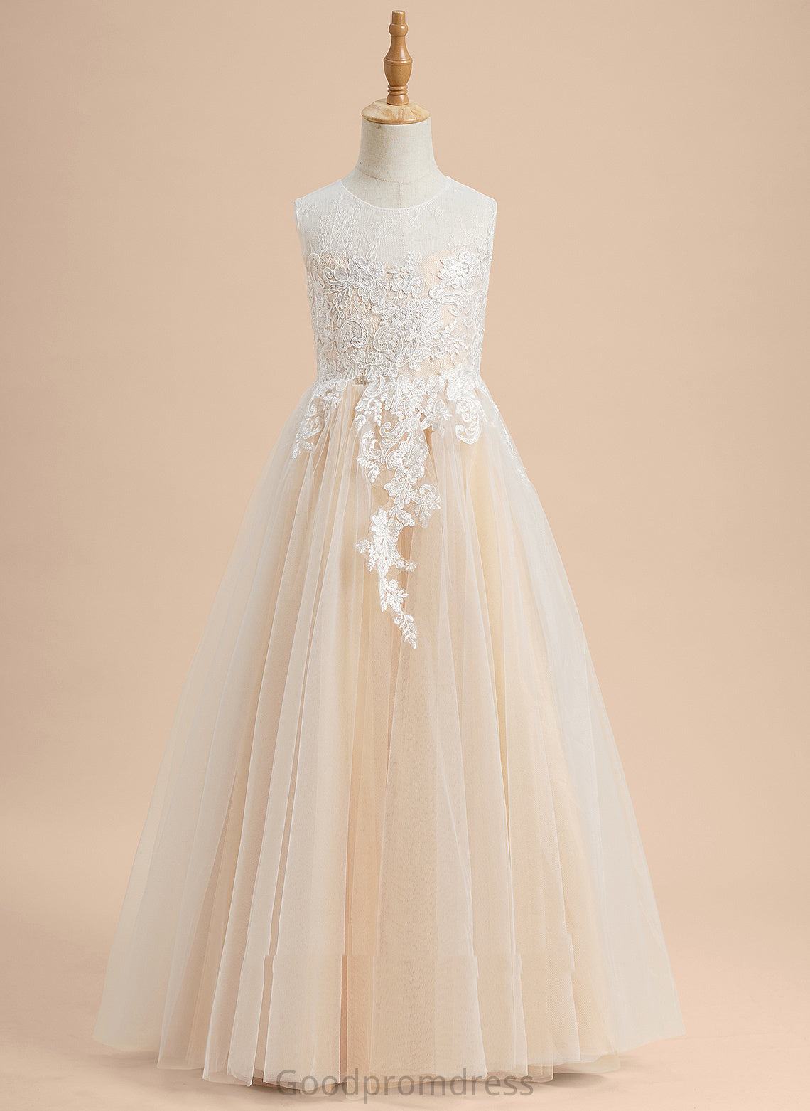 A-Line Floor-length Girl Dress Sleeveless Neck Rose With Lace/Beading Flower Tulle Flower Girl Dresses - Scoop