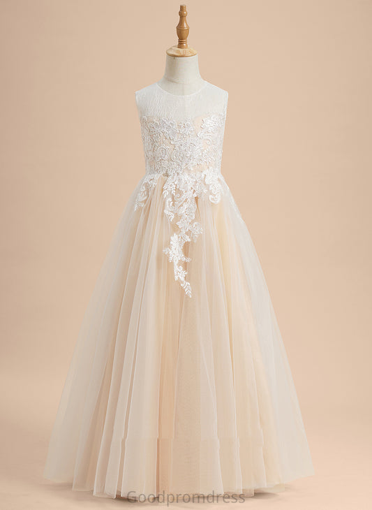 A-Line Floor-length Girl Dress Sleeveless Neck Rose With Lace/Beading Flower Tulle Flower Girl Dresses - Scoop