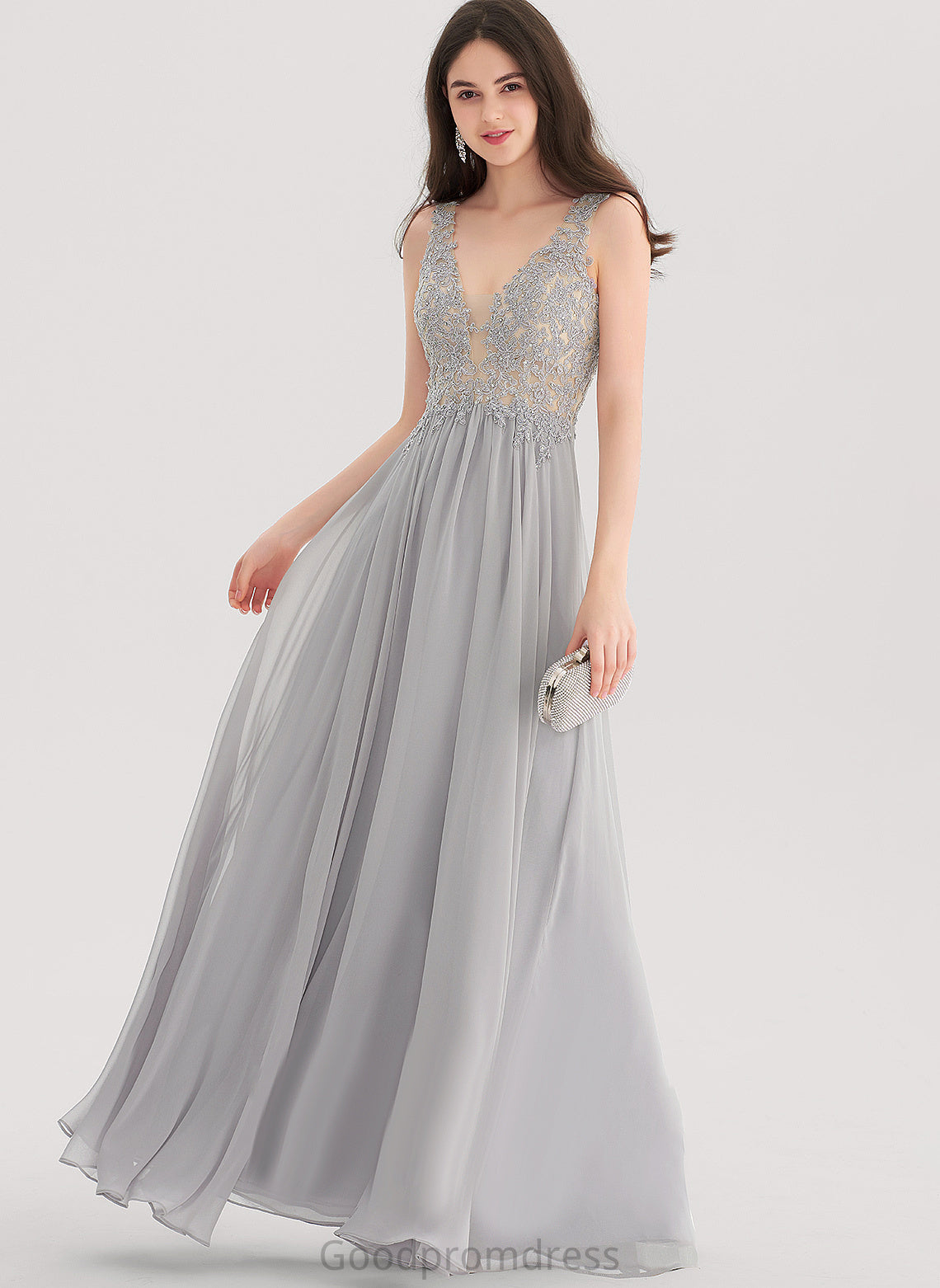 Prom Dresses V-neck Chiffon A-Line Rhinestone With Averi Floor-Length Lace