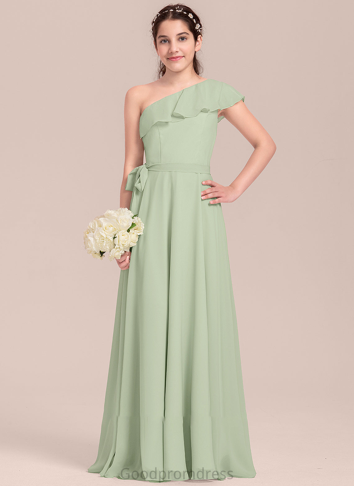 Junior Bridesmaid Dresses Chiffon Cascading One-Shoulder A-Line Floor-Length Camila With Ruffles