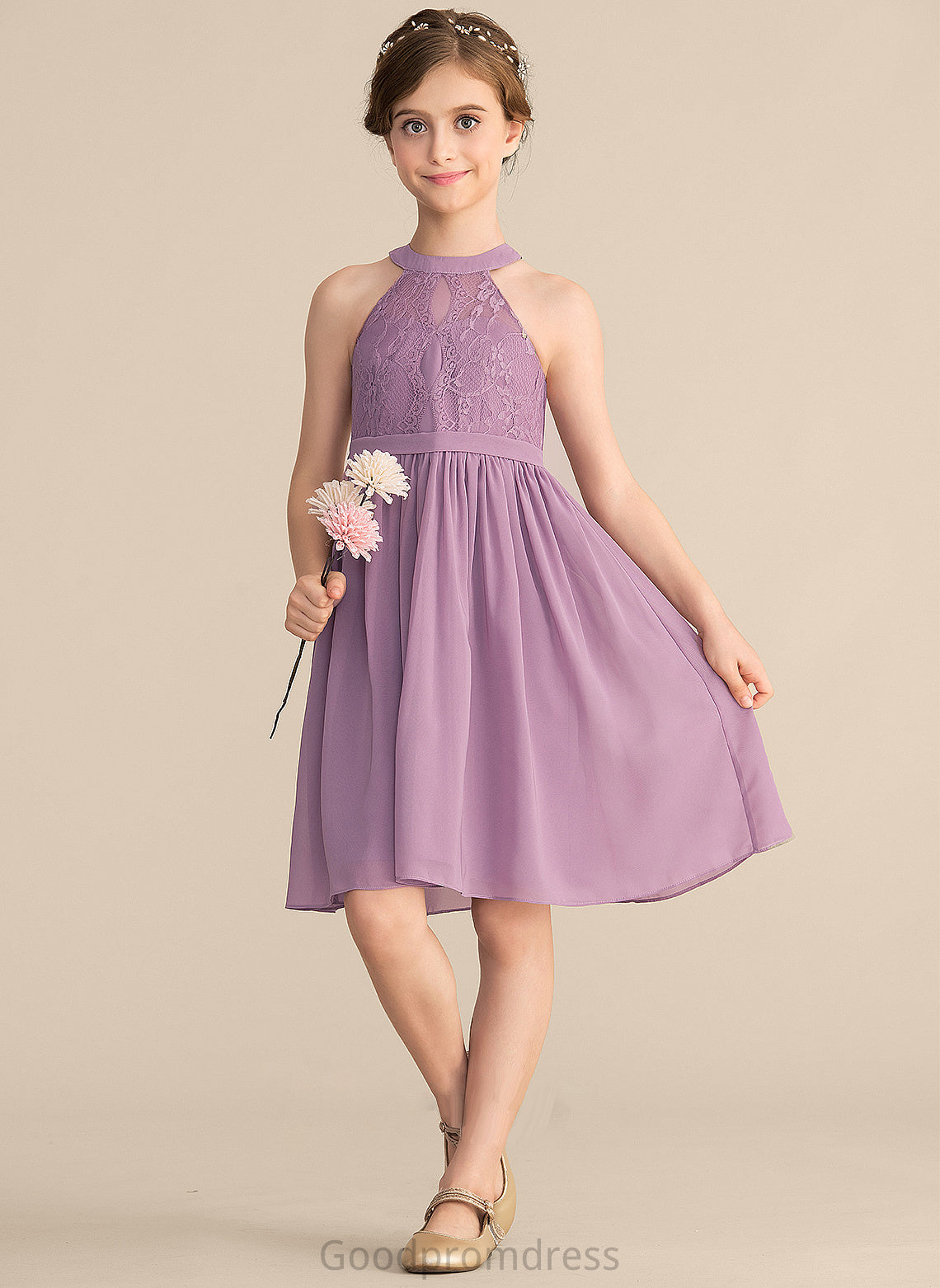 A-Line Neck Junior Bridesmaid Dresses Alondra Scoop Lace Knee-Length Chiffon