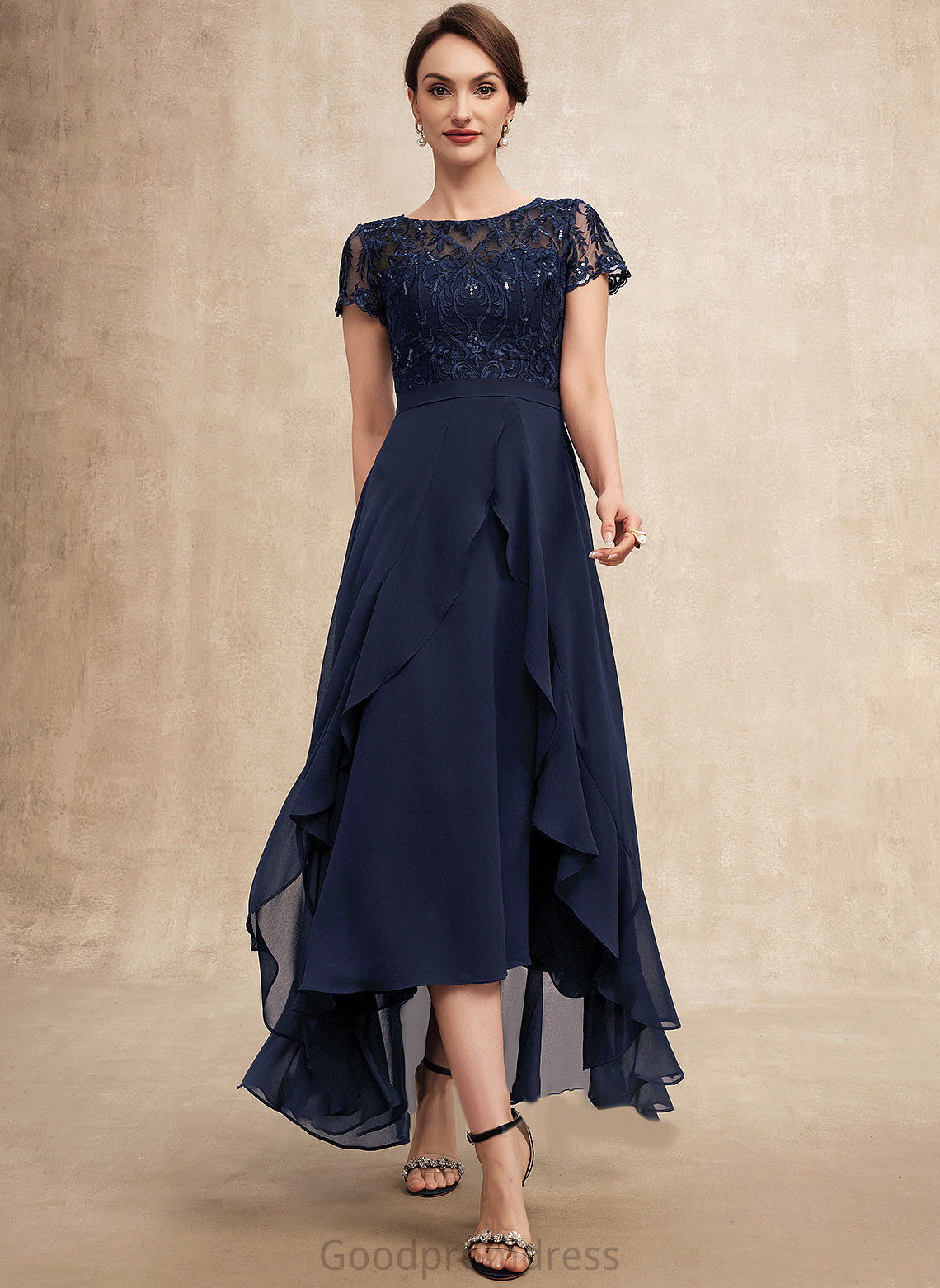 Sequins Bride Abby Chiffon Mother Ruffles Asymmetrical Neck Dress Cascading Lace Bow(s) the of Scoop A-Line With Mother of the Bride Dresses