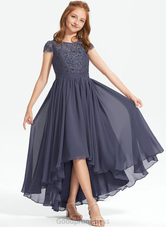 Chiffon Junior Bridesmaid Dresses Lace Neck Asymmetrical Mabel Scoop A-Line