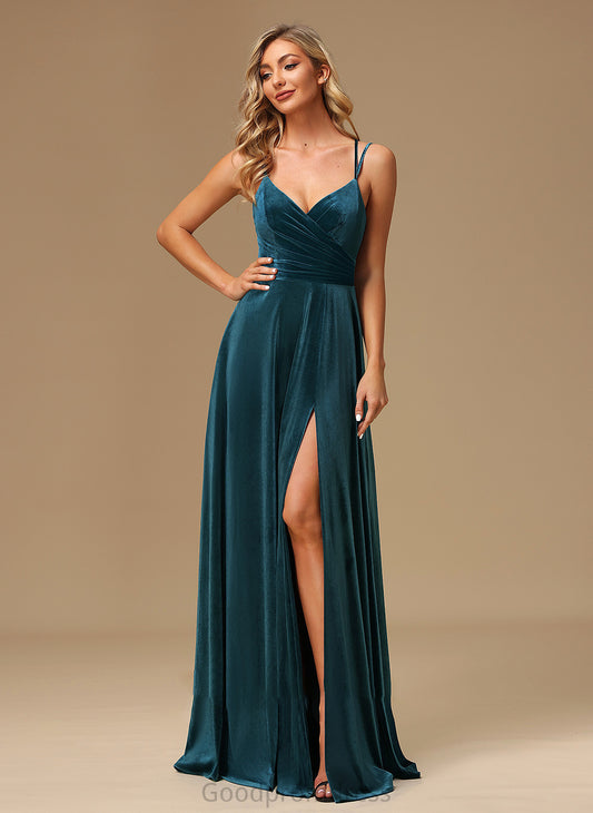 A-Line SplitFront Floor-Length Fabric Silhouette Length Neckline V-neck Embellishment Allison Sleeveless Natural Waist Bridesmaid Dresses