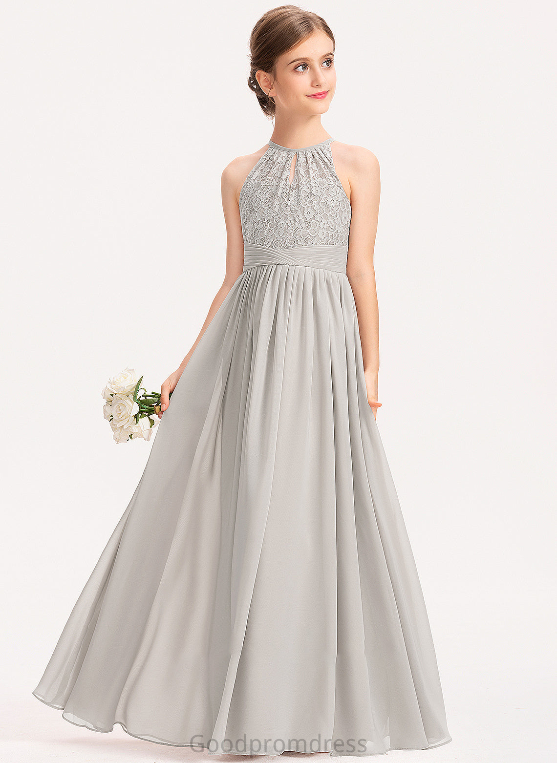 Scoop Abril A-Line Neck Junior Bridesmaid Dresses Lace With Chiffon Floor-Length Ruffle