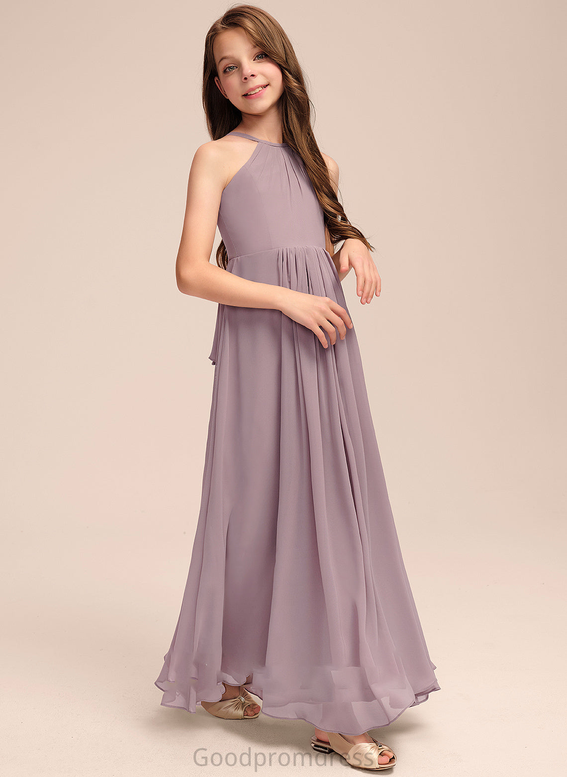 With A-Line Cascading Scoop Lena Floor-Length Junior Bridesmaid Dresses Ruffles Chiffon Neck