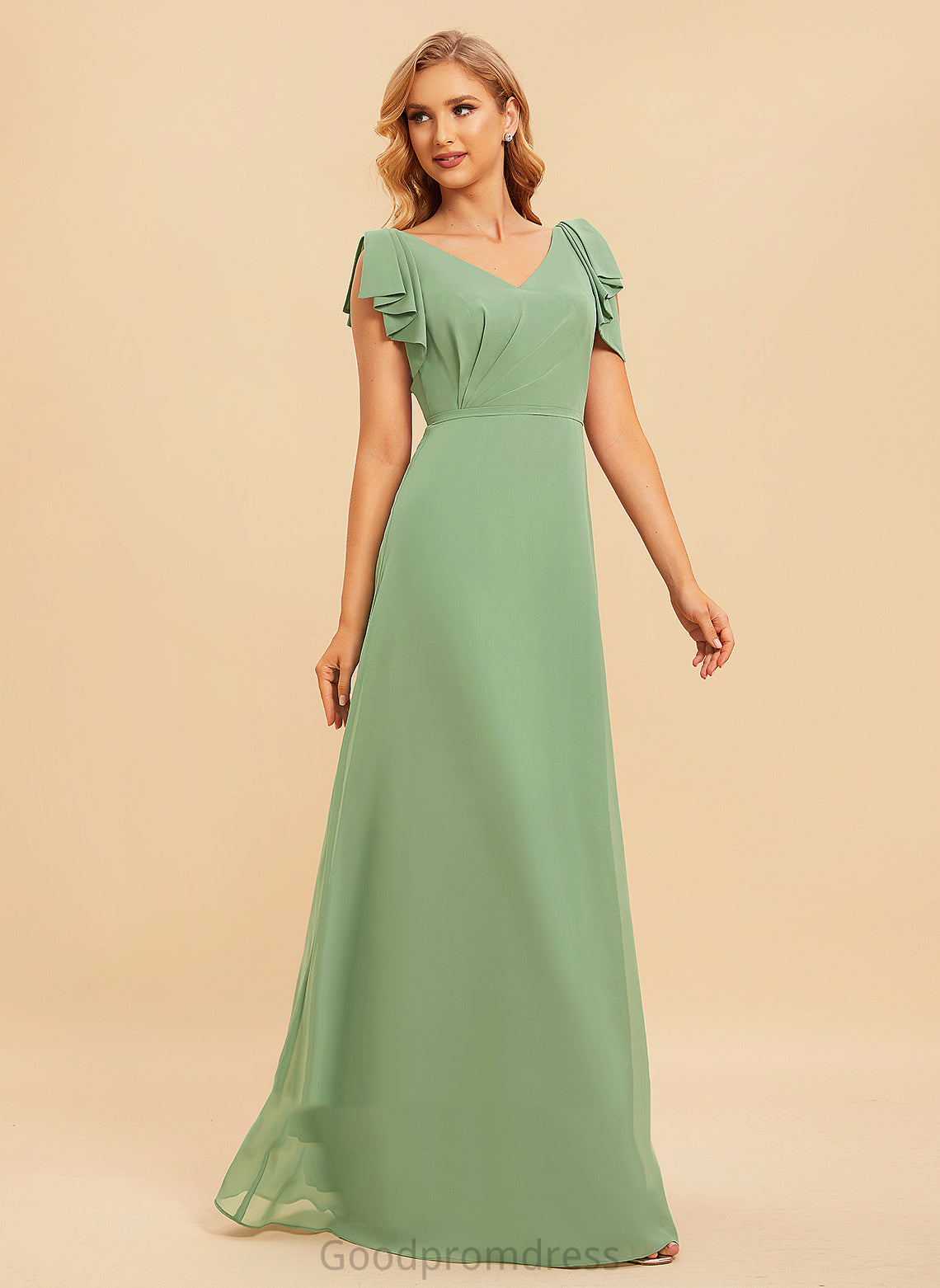 Ruffle Length Fabric Floor-Length Neckline Silhouette V-neck Embellishment A-Line Sibyl Floor Length Spaghetti Staps Bridesmaid Dresses