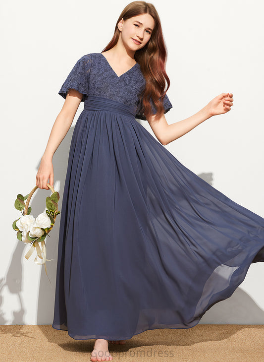 Bow(s) Asia Lace A-Line Chiffon Floor-Length Junior Bridesmaid Dresses V-neck With