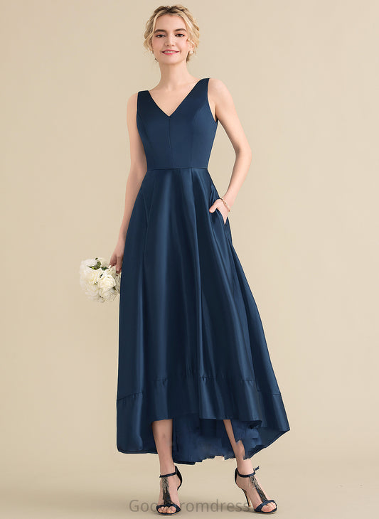 Fabric V-neck Straps Satin Asymmetrical Pockets Embellishment Length Neckline Camilla Floor Length Sleeveless Bridesmaid Dresses